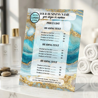 Teal Goud Geode Marmer Prijslijst Reclamebord Met Voetstuk