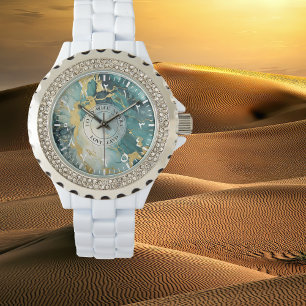 Teal & Goud Marmer Rhinestone Horloge – Wit Emaill