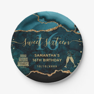 Teal & Goud Nep Glitter Agaat Marmer Sweet 16 Papieren Bordje