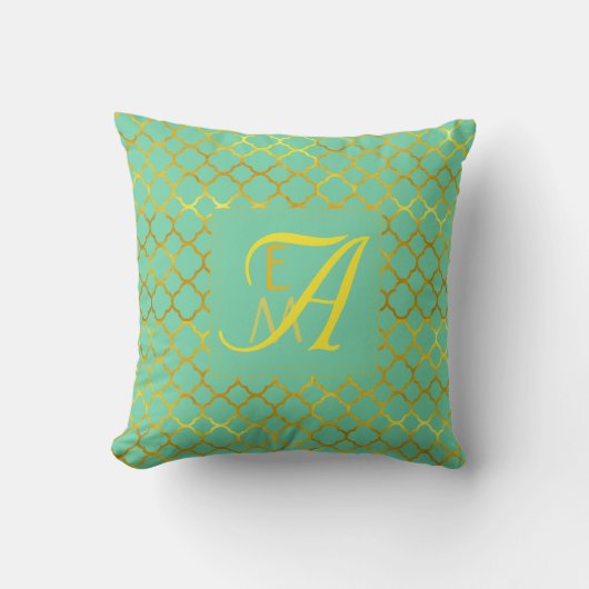 Teal Goud Quatrefoil MONOGRAM Pasgetrouwden Trouwe Kussen (Voorkant)