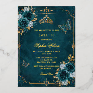 Teal Gouden Bloemvlinder Sweet 16 Folie Uitnodiging