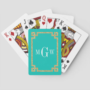 Teal Gouden Glitter Look Griekse Sleutel Frame Mon Pokerkaarten