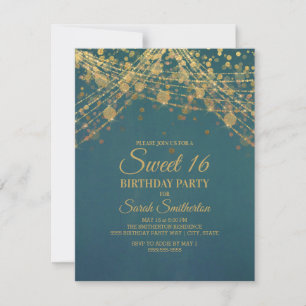 Teal Gouden Glitter Slingerlichten Sweet 16 Kaart