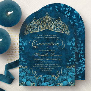 Teal Gouden Koninklijke Kroon Bloemige Quinceanera Kaart