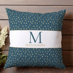 Teal Gouden Regendruppel Moderne Trendy Monogram Kussen