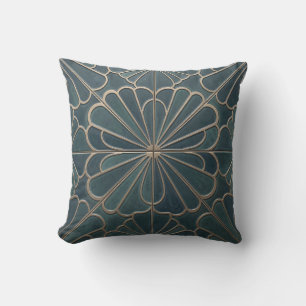 Teal Gouden Waaierspatroon Art Deco Geometrisch Kussen