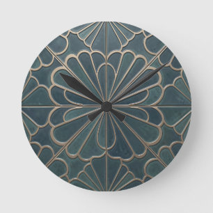 Teal Gouden Waaierspatroon Art Deco Geometrisch Ronde Klok