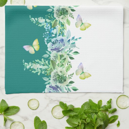 Teal Green Botanical Butterflies Kitchen Towel Theedoek (Gevouwen)