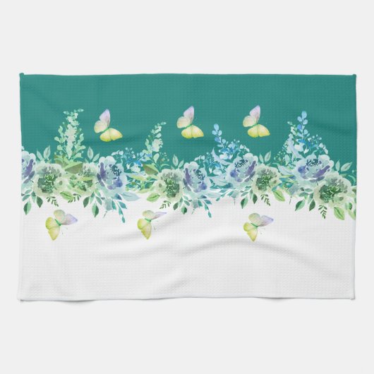 Teal Green Botanical Butterflies Kitchen Towel Theedoek (Horizontaal)