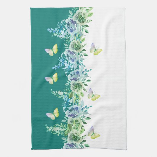 Teal Green Botanical Butterflies Kitchen Towel Theedoek (Verticaal)