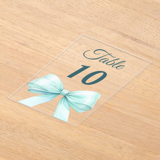 Teal green bow acrylic table number sign acryl uitnodigingen (Laagn)