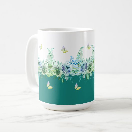 Teal Green Butterflies Floral Mug Koffiemok (Voorkant links)