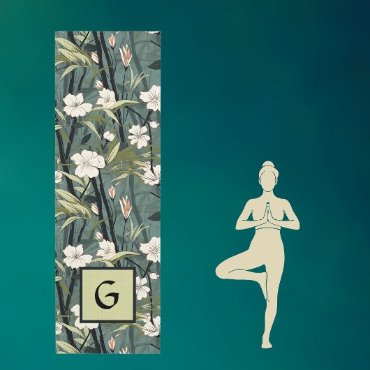 Teal Green Chinoiserie Initial Tropical Floral Yogamat