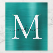 Teal Green Monogram Girly Script Metallic Steel Wijn Etiket (Enkel label)