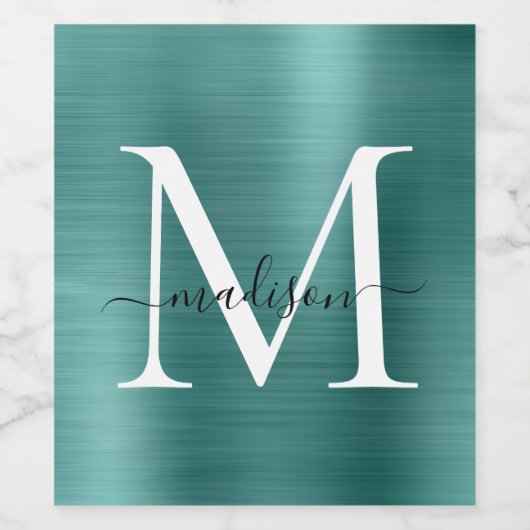 Teal Green Monogram Girly Script Metallic Steel Wijn Etiket (Enkel label)