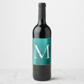 Teal Green Monogram Girly Script Metallic Steel Wijn Etiket (Voorkant)