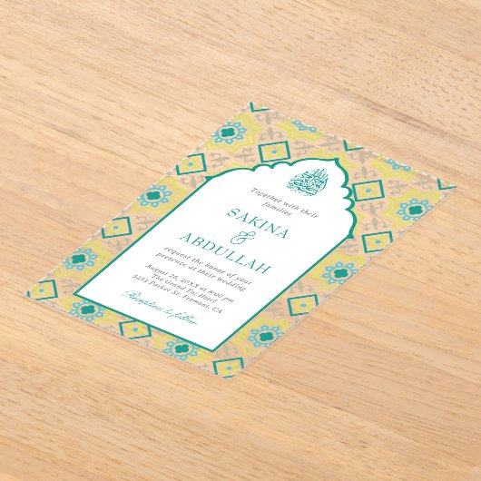 Teal Green Persian Mosaic Muslim Wedding Acryl Uitnodigingen (Laagn)
