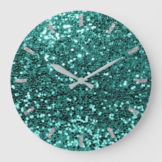 Teal Greenery Aqua Sparkly Faux Glitter Gray Glam Grote Klok (Voorkant)