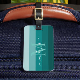 Teal Groen Blauw Kleurblok Monogram Stijl Naam Bagagelabel