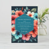 Teal Hibiscus Bloom Romance Wedding Kaart (Staand voorkant)
