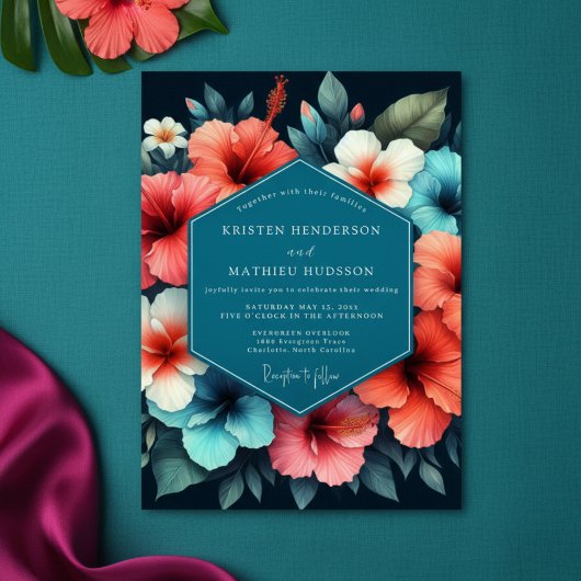 Teal Hibiscus Bloom Romance Wedding Kaart