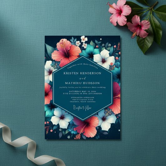 Teal Hibiscus Bloom Wedding Kaart