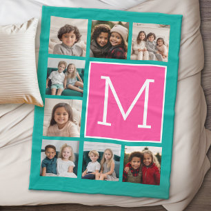 Teal Hot Pink Instagram 8 Foto Collage Monogram Fleece Deken