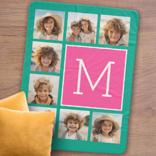 Teal & Hot Roze Vierkante 8 Foto Collage Monogram Sherpa Deken
