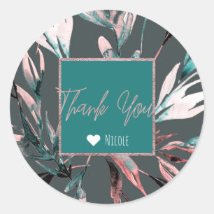 Teal Koraal Grijs Waterverf Botanische Glam Bruilo Ronde Sticker