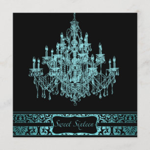 Teal Kroonluchter Zwarte Sweet Sixteen Uitnodiging
