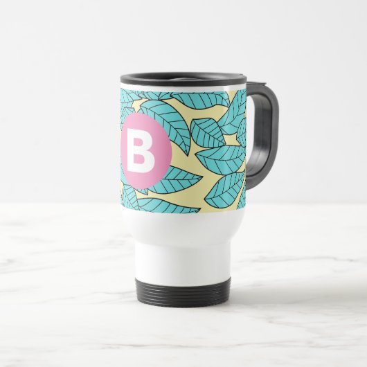 Teal Leaves Botanical Pattern Bright Pink Monogram Reisbeker (Voorkant rechts)