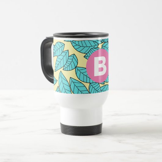 Teal Leaves Botanical Pattern Bright Pink Monogram Reisbeker (Voorkant links)