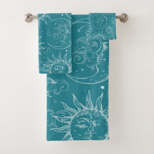 Teal Magie Vintage Hemel Zon Maan Sterren Bad Handdoek