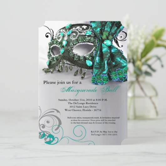 Teal Maskerade Maskerbal Kostuum Halloween Kaart (Staand voorkant)