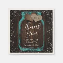 Teal Mason Jar Rustic Wood Thank You Wedding Servet
