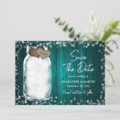 Teal Mason Jar String Lights Wood Wedding Save The Date (Staand voorkant)
