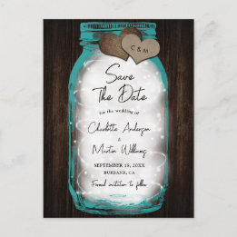 Teal Mason Jar Wood Hearts Wedding Save The Date Aankondigingskaart