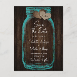 Teal Mason Jar Wood Wedding Save The Date Aankondigingskaart