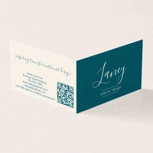 Teal Modern Elegant Script QR Code Professional Visitekaartjes (Buitenkant)