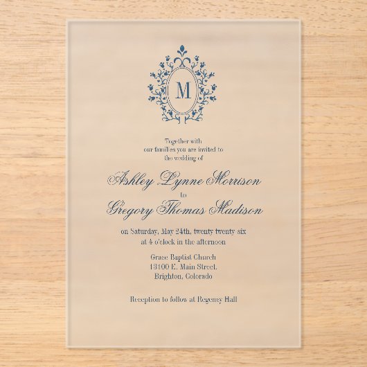 Teal Monogram Acrylic Wedding Invitation (Recto)