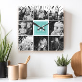 Teal Monogram Familie Foto Collage Vierkante Klok