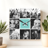 Teal Monogram Familie Foto Collage Vierkante Klok