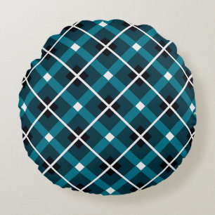 Teal & Navy Geometrisch Rasterpatroon Rond Kussen