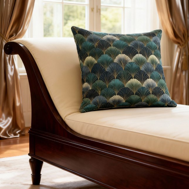 Teal Navy Gold Art Deco Fan Pattern Kussen (Creator heeft geüpload)