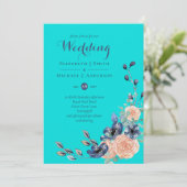 Teal Navy Koraal Bloemige Trouw Uitnodigingen Budg (Staand voorkant)