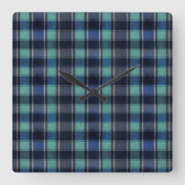 Teal & Navy Tartan Plaid Round Wall Clock Vierkante Klok