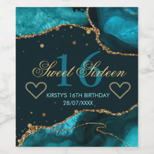 Teal & Nepgoud Glitter Agate Sweet 16 Wijn Etiket