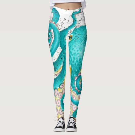Teal Octopus Nautical Map Watercolor Leggings (Voorkant)