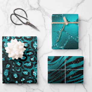 Teal Ombre Glam Glitter Jungle Dierenprint Inpakpapier Vel