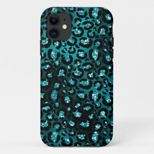 Teal Ombre & Zwarte Glam Glitter Luipaard Vlekken iPhone 11 Hoesje